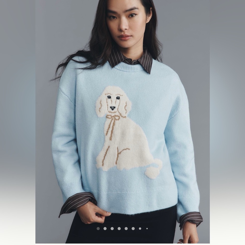 NWT new XS fits small Anthropologie Maeve dog sweater light blue white poodle